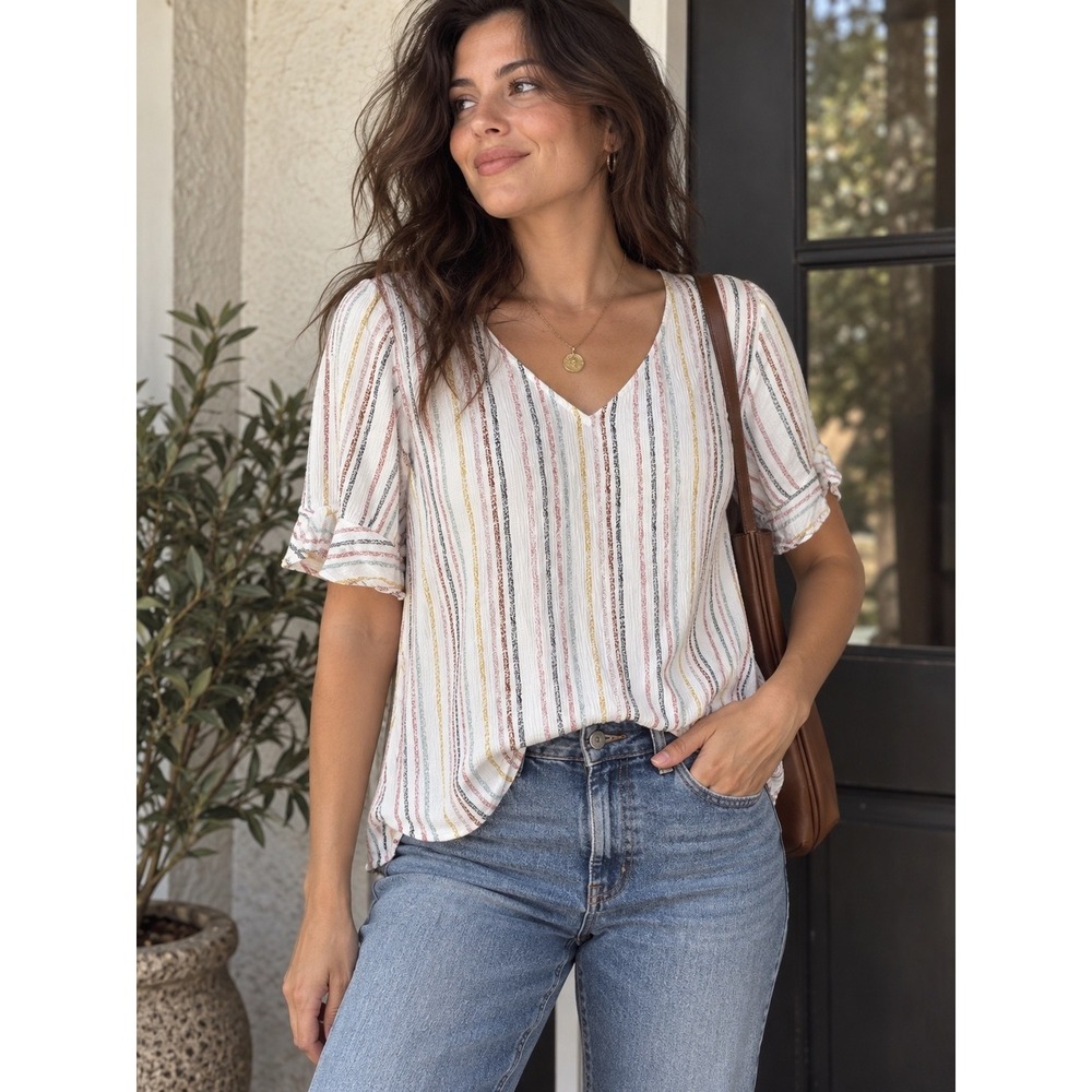 BEACON Striped Rayon Blouse M V Neck Flutter Ruffle Sleeve Boho Top